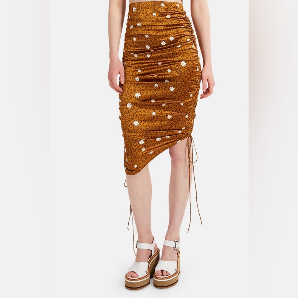 For Love & Lemons Tawney Cheetah Floral Print Brown Ruched Tie Midi Skirt EUC M